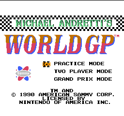 Michael Andretti's World GP title screen for NES
